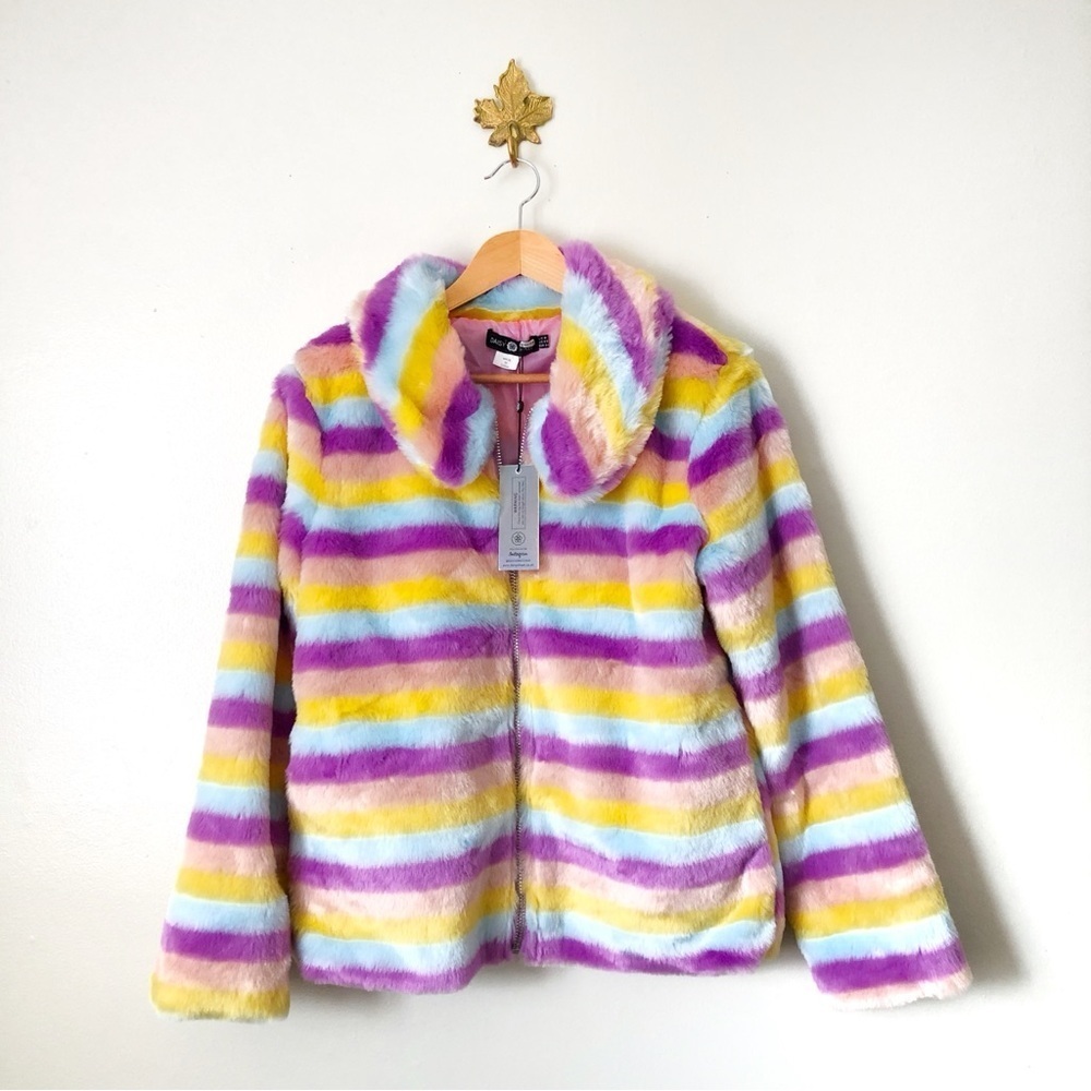UO Daisy Street Rainbow stripe faux fur jacket NWT size Small